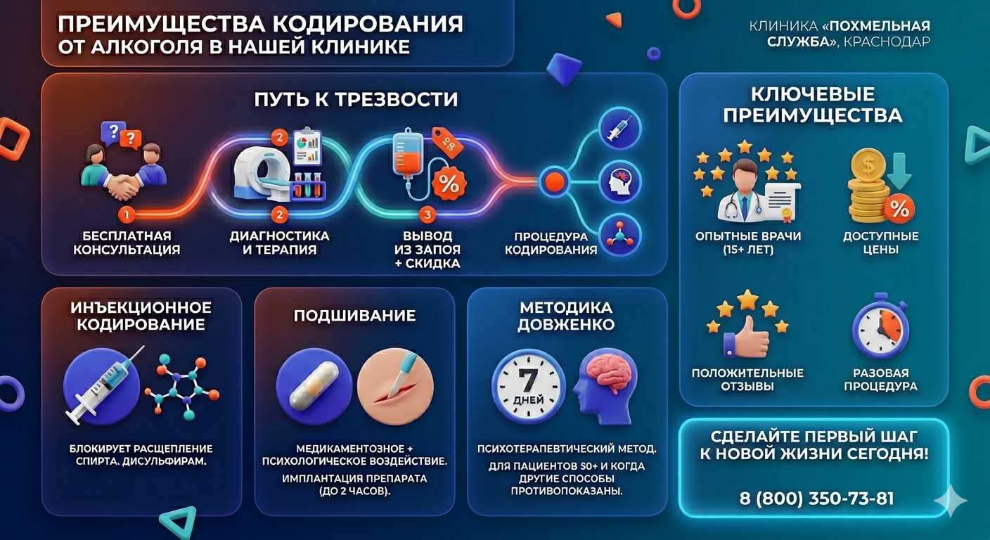 Инфографика о методах кодирования от алкоголя в Вилюйске: инъекции, подшивание, метод Довженко. Преимущества клиники и этапы лечения.