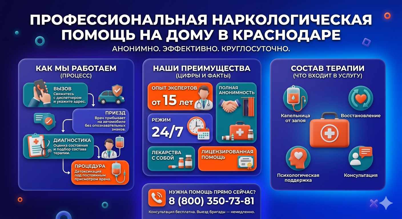 Инфографика о принципах лечения алкоголизма на дому в Вилюйске: этапы вызова нарколога, преимущества анонимной детоксикации и состав медицинской помощи.